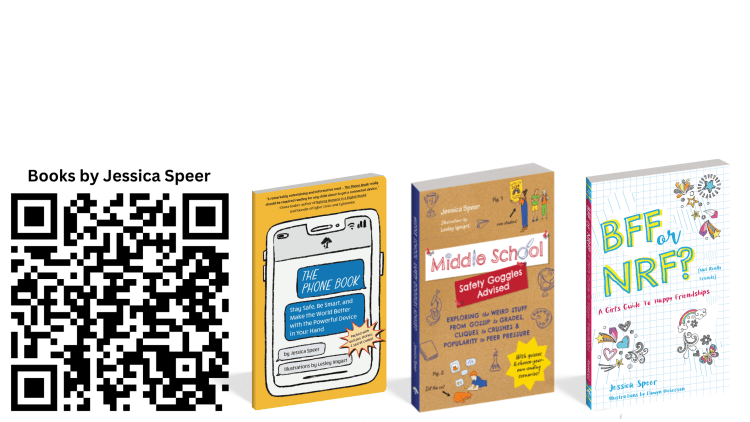 QR code and Covers of Books by Jessica Speer - BFF or NRF (Not Really Friends), Middle School - Safety Goggles Advised and The Phone Book