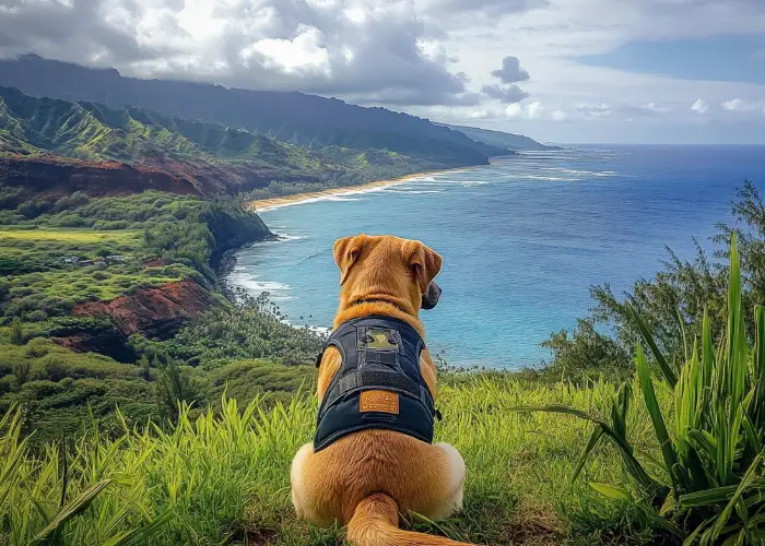 A dog visiting an island of Hawaii